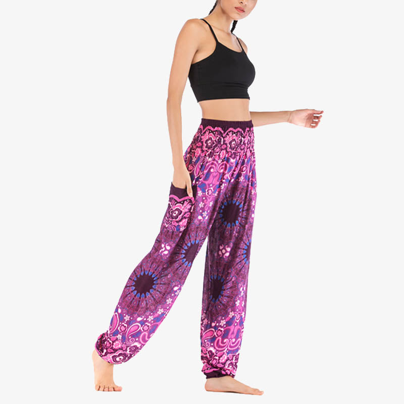 Lightweight Rayon Mandala Print High-Waist Meditation Harem Pants