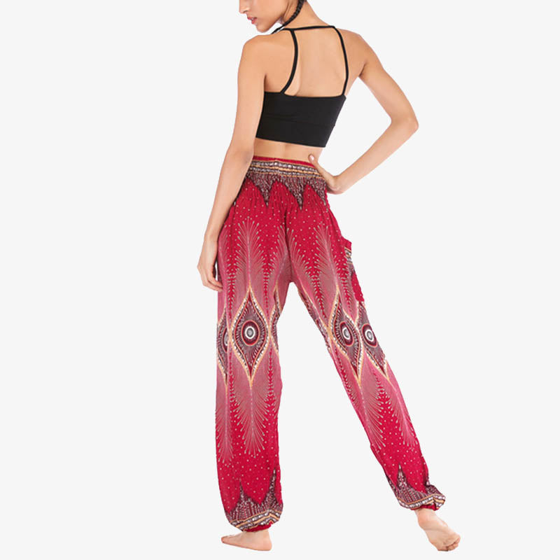 Small Eye Peacock Feathers Pattern Loose Smocked Harem Trousers High Waist Women's Yoga Pants