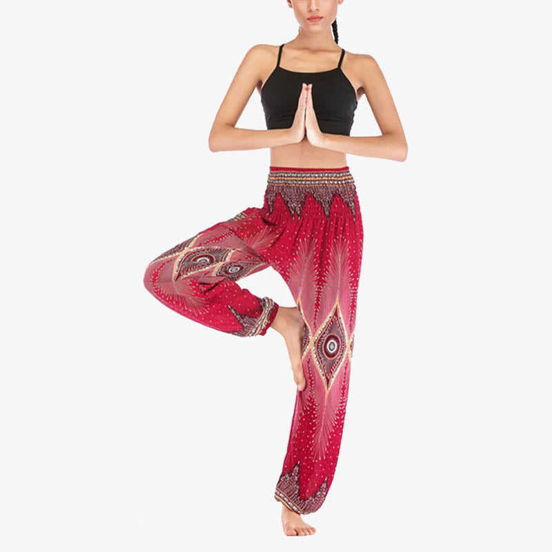 Small Eye Peacock Feathers Pattern Loose Smocked Harem Trousers High Waist Women's Yoga Pants