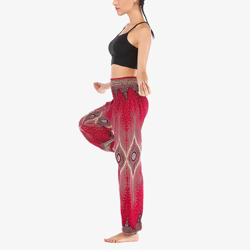 Small Eye Peacock Feathers Pattern Loose Smocked Harem Trousers High Waist Women's Yoga Pants