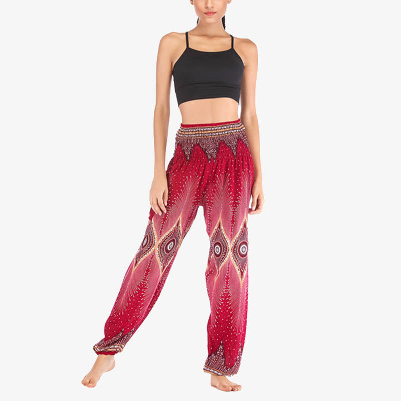 Small Eye Peacock Feathers Pattern Loose Smocked Harem Trousers High Waist Women's Yoga Pants