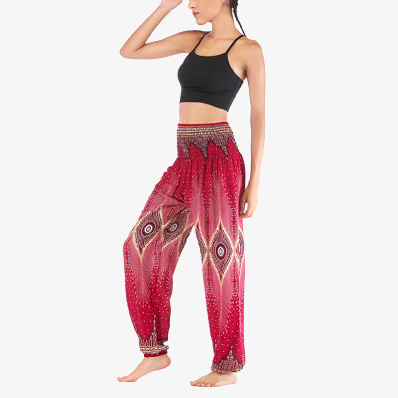 Small Eye Peacock Feathers Pattern Loose Smocked Harem Trousers High Waist Women's Yoga Pants