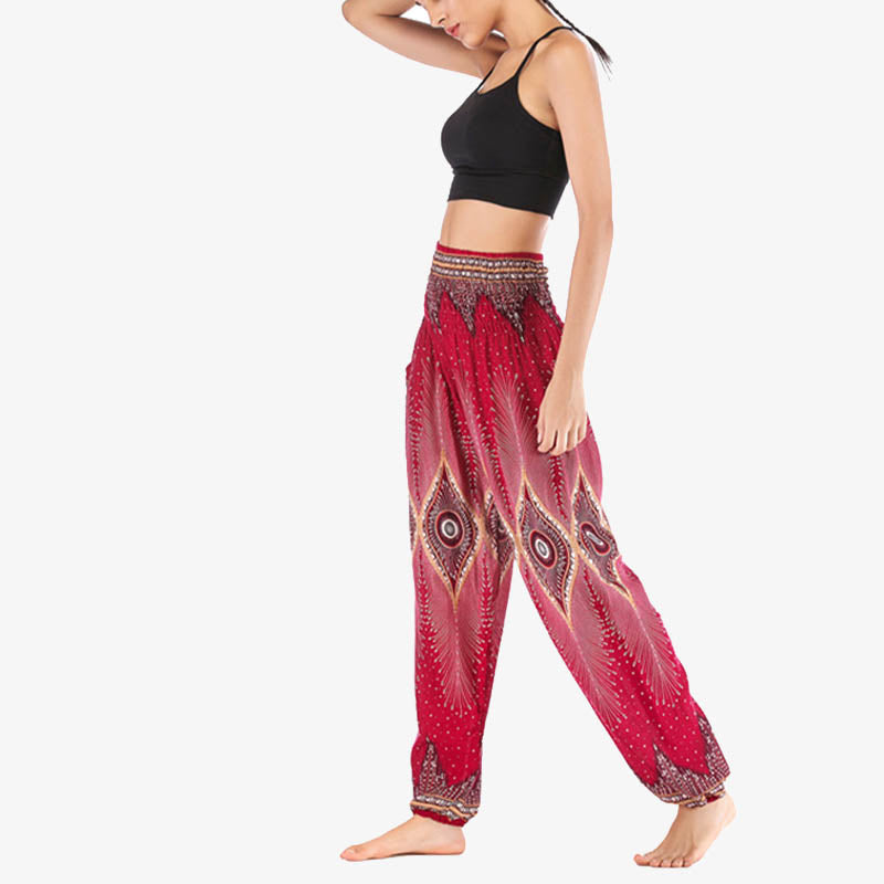 Small Eye Peacock Feathers Pattern Loose Smocked Harem Trousers High Waist Women's Yoga Pants