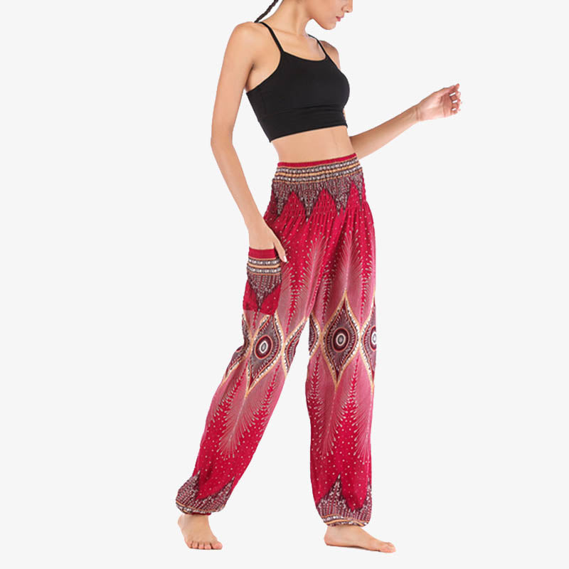 Small Eye Peacock Feathers Pattern Loose Smocked Harem Trousers High Waist Women's Yoga Pants