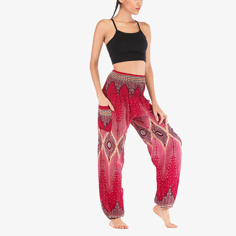 Small Eye Peacock Feathers Pattern Loose Smocked Harem Trousers High Waist Women's Yoga Pants