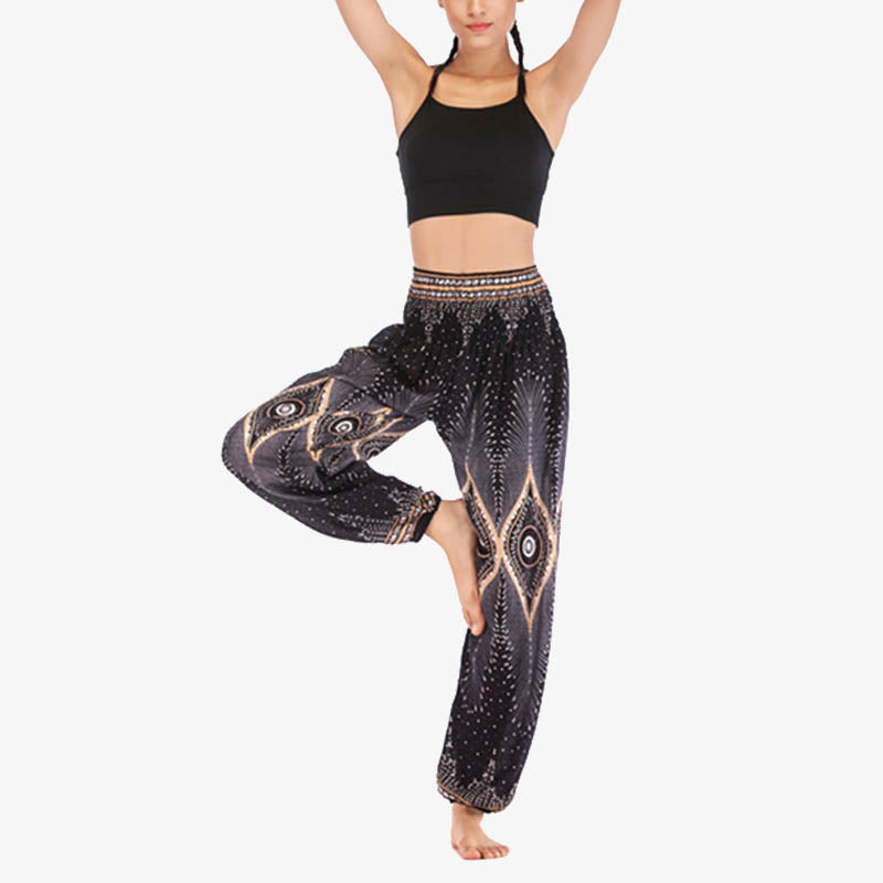 Small Eye Peacock Feathers Pattern Loose Smocked Harem Trousers High Waist Women's Yoga Pants
