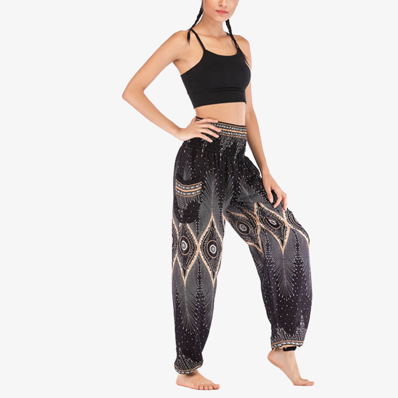 Small Eye Peacock Feathers Pattern Loose Smocked Harem Trousers High Waist Women's Yoga Pants