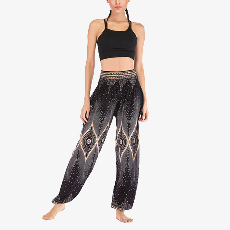 Small Eye Peacock Feathers Pattern Loose Smocked Harem Trousers High Waist Women's Yoga Pants