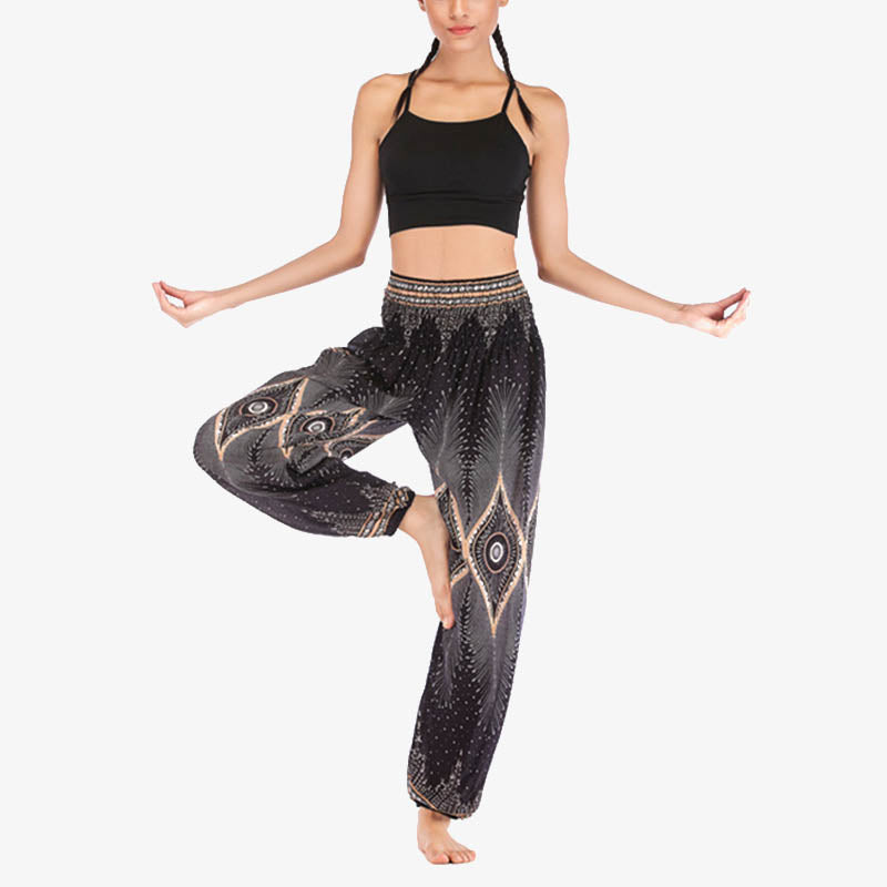 Small Eye Peacock Feathers Pattern Loose Smocked Harem Trousers High Waist Women's Yoga Pants