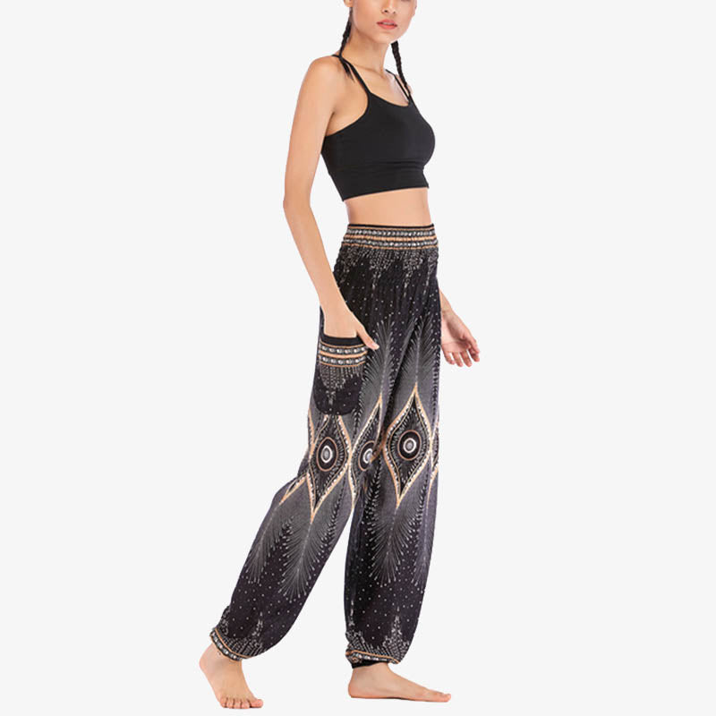 Small Eye Peacock Feathers Pattern Loose Smocked Harem Trousers High Waist Women's Yoga Pants