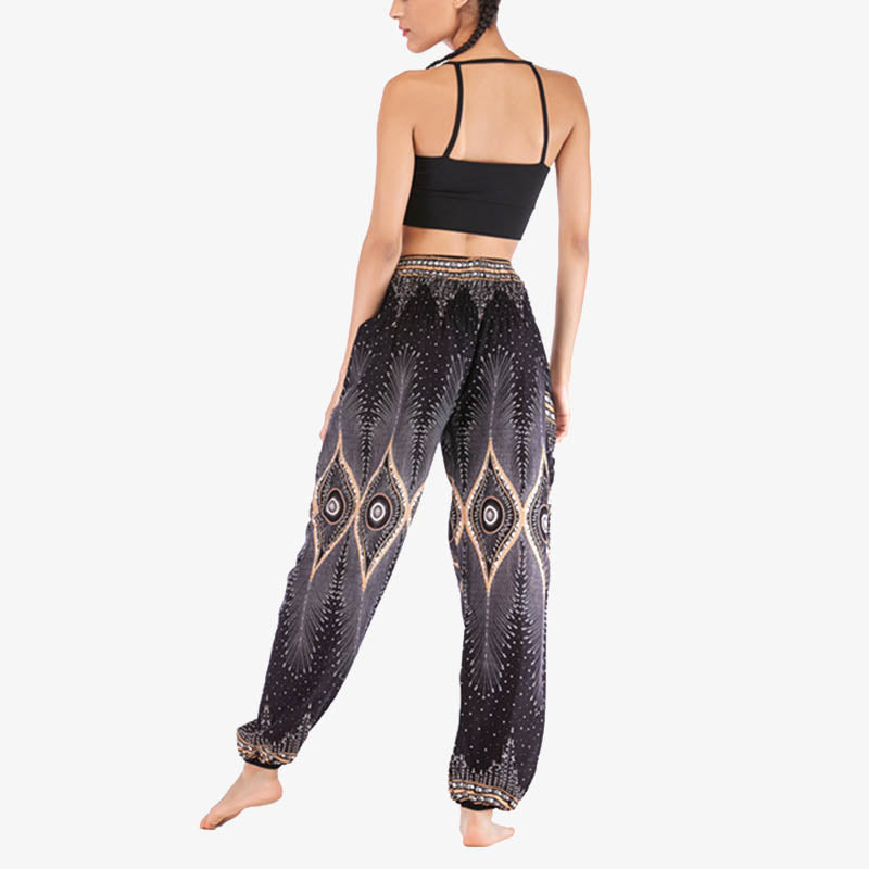 Small Eye Peacock Feathers Pattern Loose Smocked Harem Trousers High Waist Women's Yoga Pants