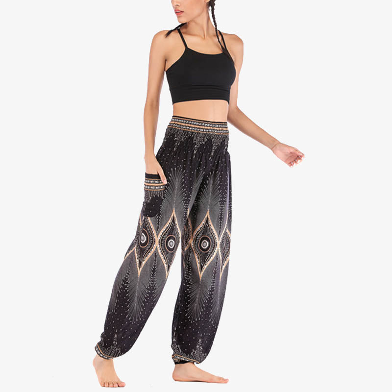 Small Eye Peacock Feathers Pattern Loose Smocked Harem Trousers High Waist Women's Yoga Pants