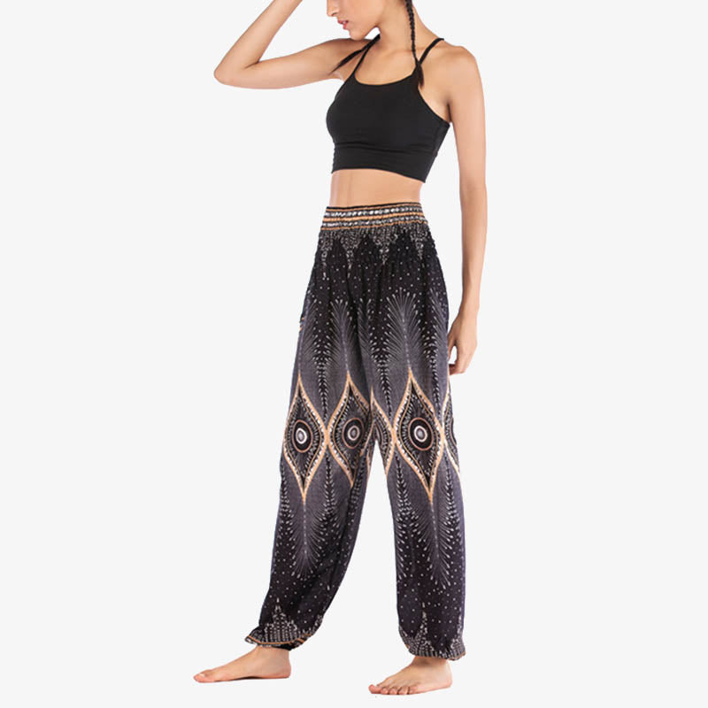 Small Eye Peacock Feathers Pattern Loose Smocked Harem Trousers High Waist Women's Yoga Pants