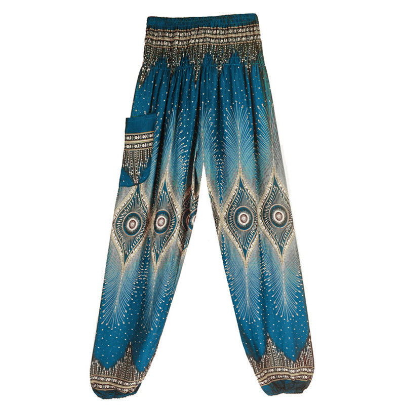 Small Eye Peacock Feathers Pattern Loose Smocked Harem Trousers High Waist Women's Yoga Pants