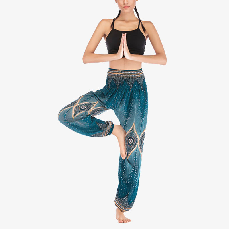 Small Eye Peacock Feathers Pattern Loose Smocked Harem Trousers High Waist Women's Yoga Pants