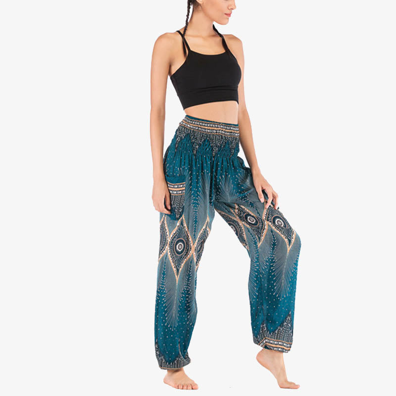 Small Eye Peacock Feathers Pattern Loose Smocked Harem Trousers High Waist Women's Yoga Pants