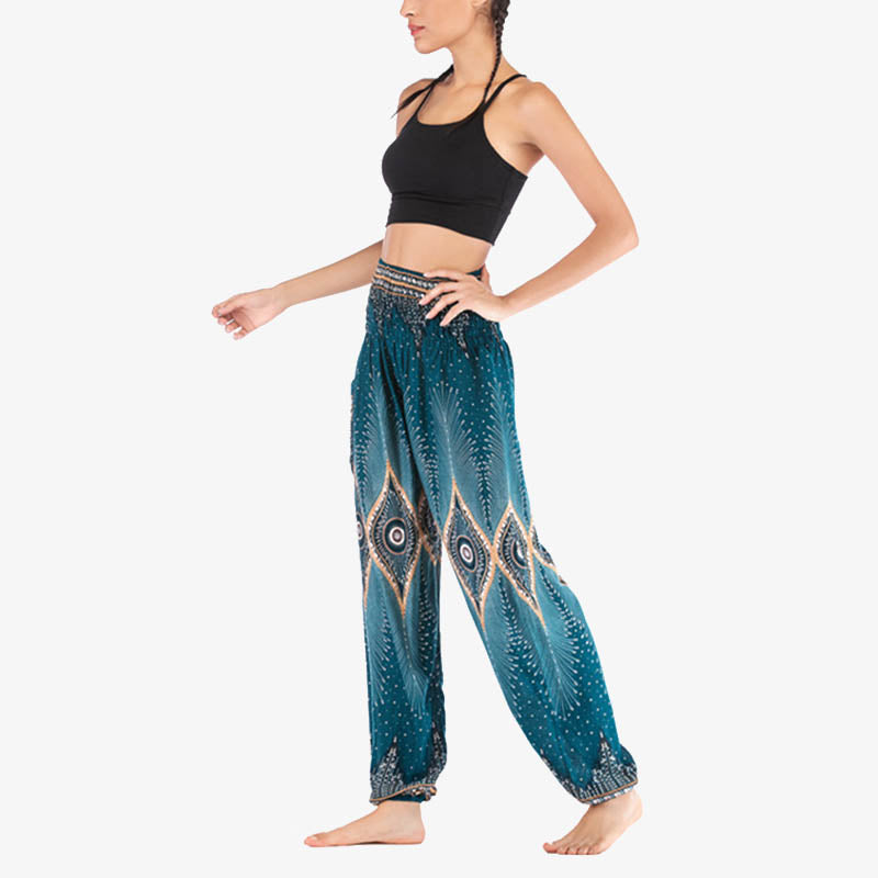 Small Eye Peacock Feathers Pattern Loose Smocked Harem Trousers High Waist Women's Yoga Pants