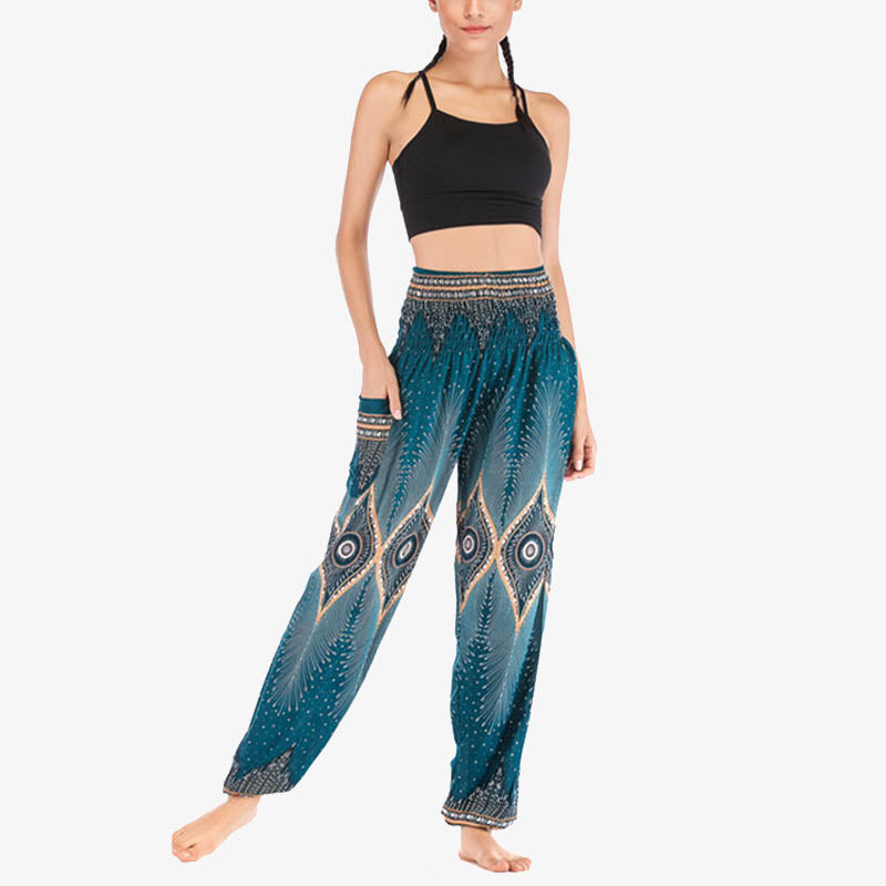 Small Eye Peacock Feathers Pattern Loose Smocked Harem Trousers High Waist Women's Yoga Pants