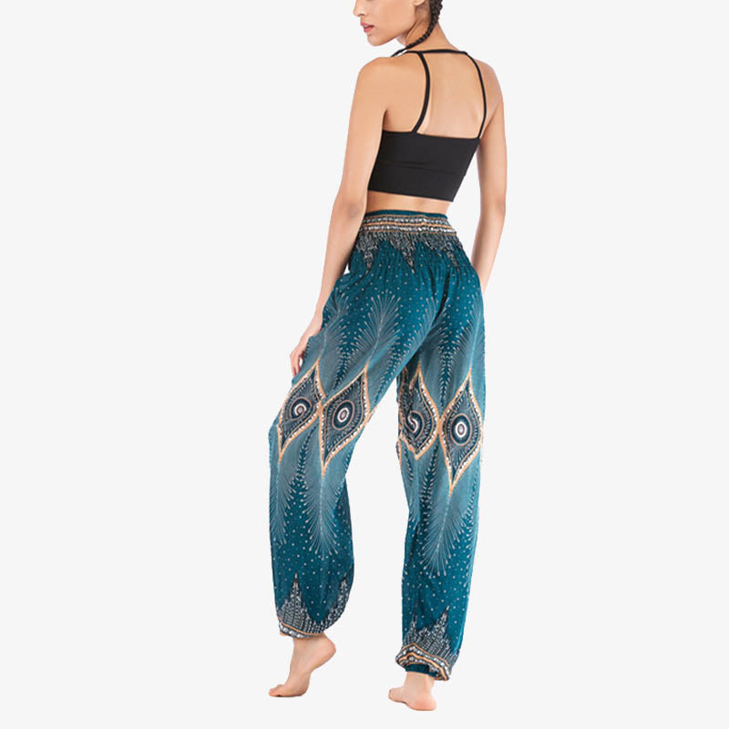 Small Eye Peacock Feathers Pattern Loose Smocked Harem Trousers High Waist Women's Yoga Pants