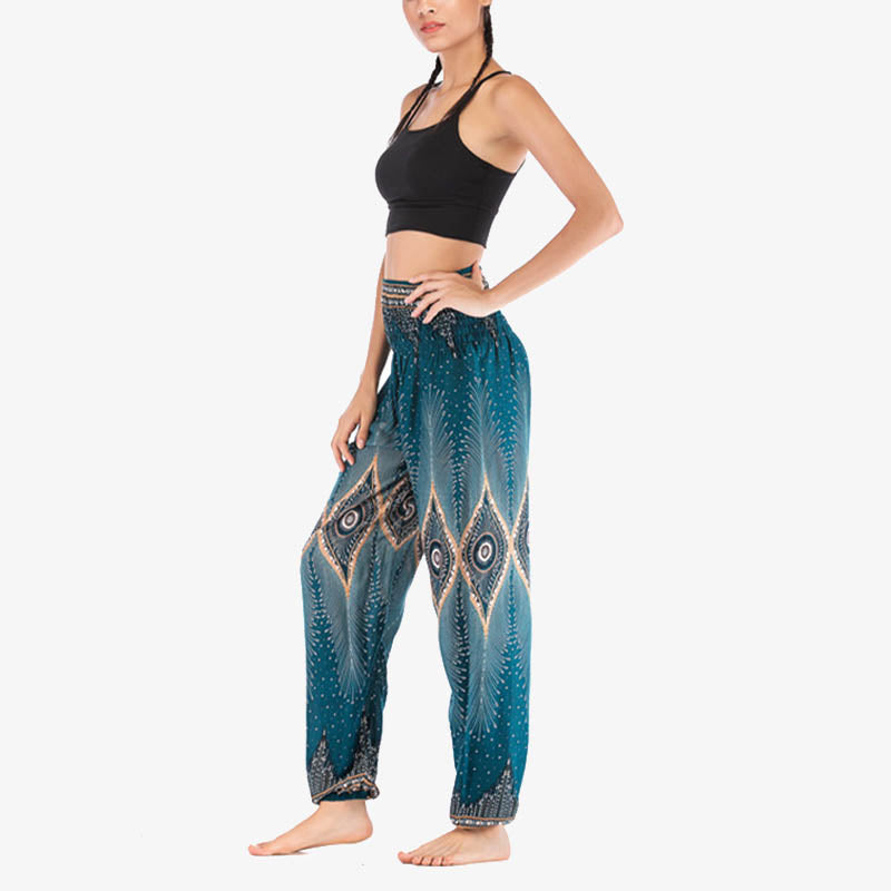 Small Eye Peacock Feathers Pattern Loose Smocked Harem Trousers High Waist Women's Yoga Pants