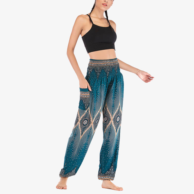 Small Eye Peacock Feathers Pattern Loose Smocked Harem Trousers High Waist Women's Yoga Pants