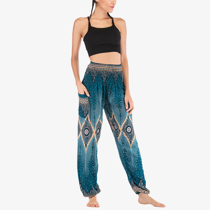 Small Eye Peacock Feathers Pattern Loose Smocked Harem Trousers High Waist Women's Yoga Pants