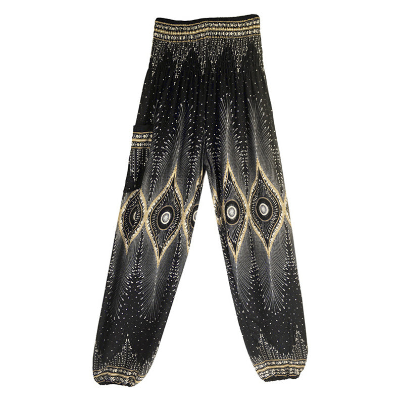 Small Eye Peacock Feathers Pattern Loose Smocked Harem Trousers High Waist Women's Yoga Pants