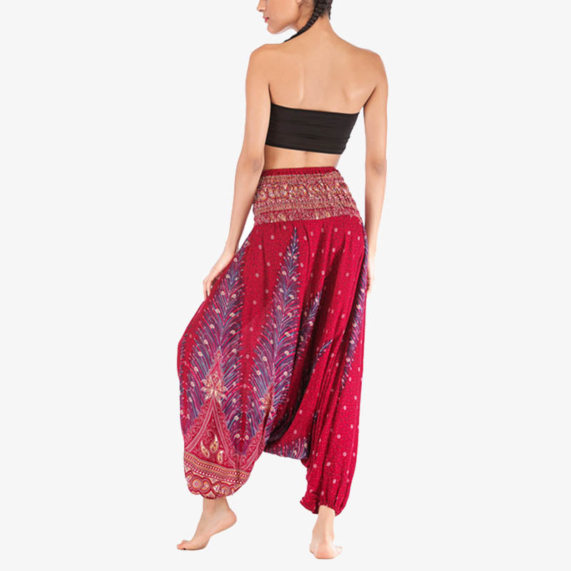 Two Style Wear Feathers Geometric Pattern Loose Smocked Trousers Jumpsuit Women's Yoga Pants