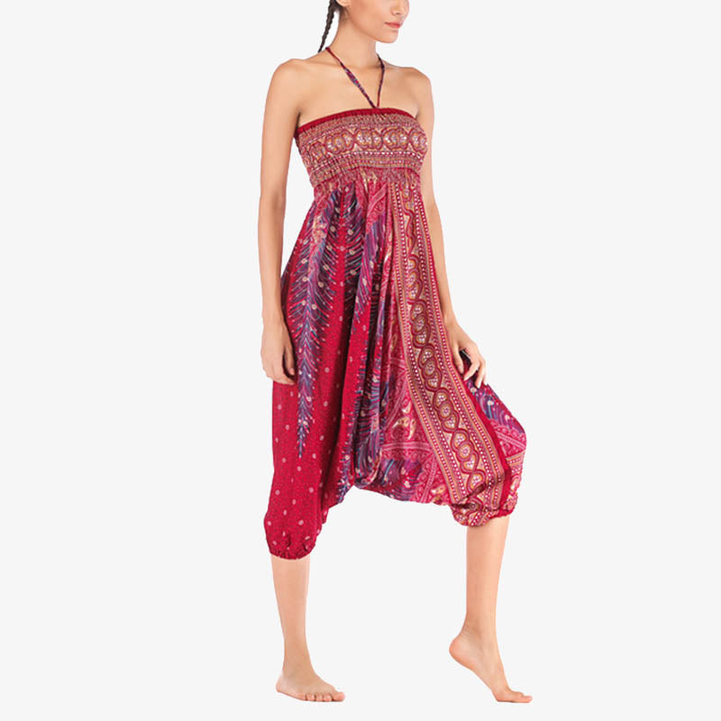 Two Style Wear Feathers Geometric Pattern Loose Smocked Trousers Jumpsuit Women's Yoga Pants