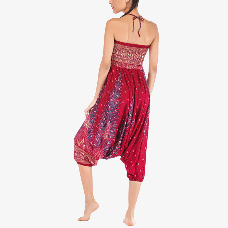 Two Style Wear Feathers Geometric Pattern Loose Smocked Trousers Jumpsuit Women's Yoga Pants