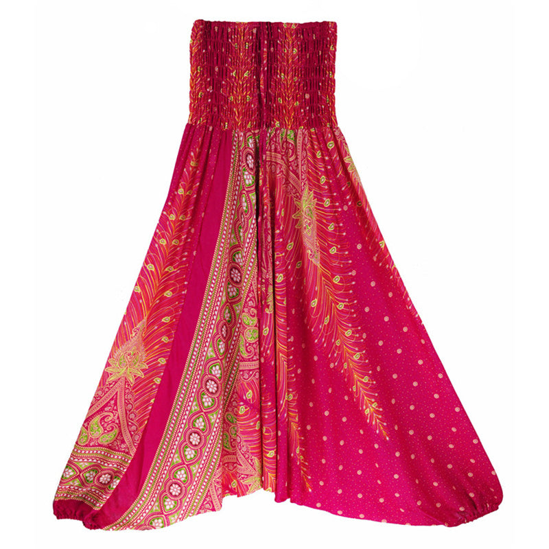 Two Style Wear Feathers Geometric Pattern Loose Smocked Trousers Jumpsuit Women's Yoga Pants