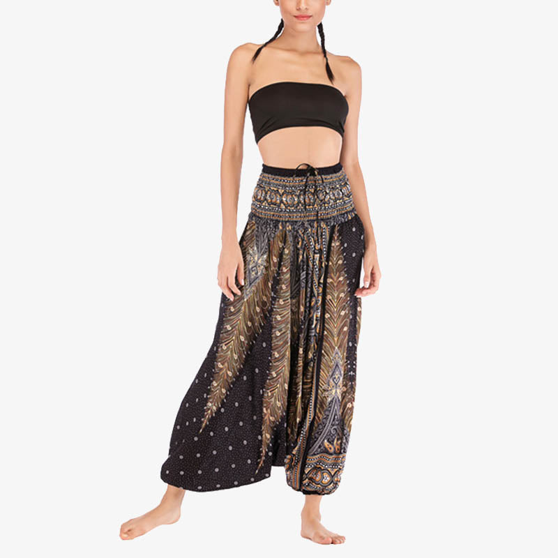 Two Style Wear Feathers Geometric Pattern Loose Smocked Trousers Jumpsuit Women's Yoga Pants