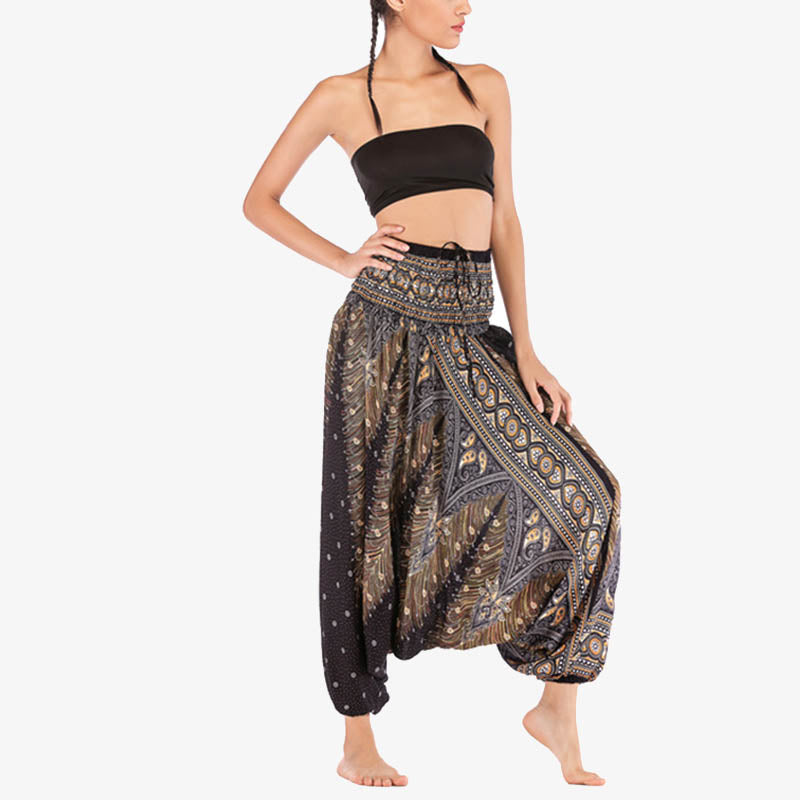 Two Style Wear Feathers Geometric Pattern Loose Smocked Trousers Jumpsuit Women's Yoga Pants