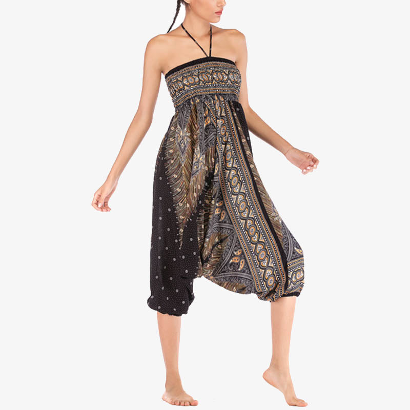 Two Style Wear Feathers Geometric Pattern Loose Smocked Trousers Jumpsuit Women's Yoga Pants