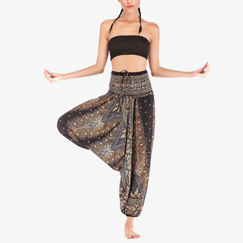 Two Style Wear Feathers Geometric Pattern Loose Smocked Trousers Jumpsuit Women's Yoga Pants