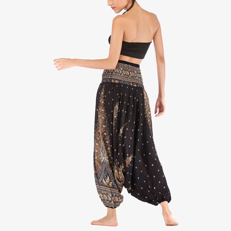 Two Style Wear Feathers Geometric Pattern Loose Smocked Trousers Jumpsuit Women's Yoga Pants