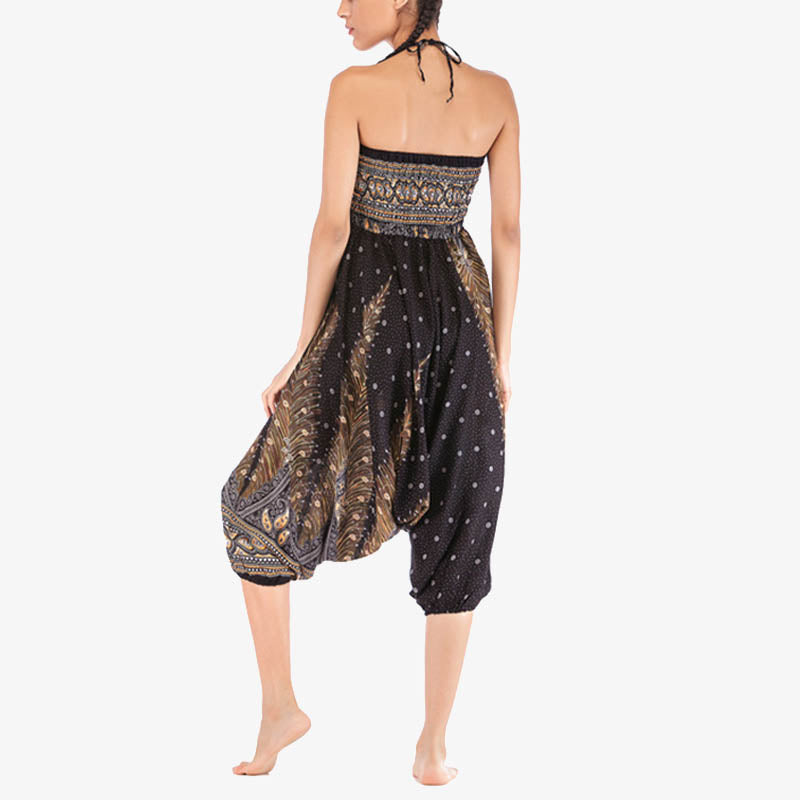 Two Style Wear Feathers Geometric Pattern Loose Smocked Trousers Jumpsuit Women's Yoga Pants