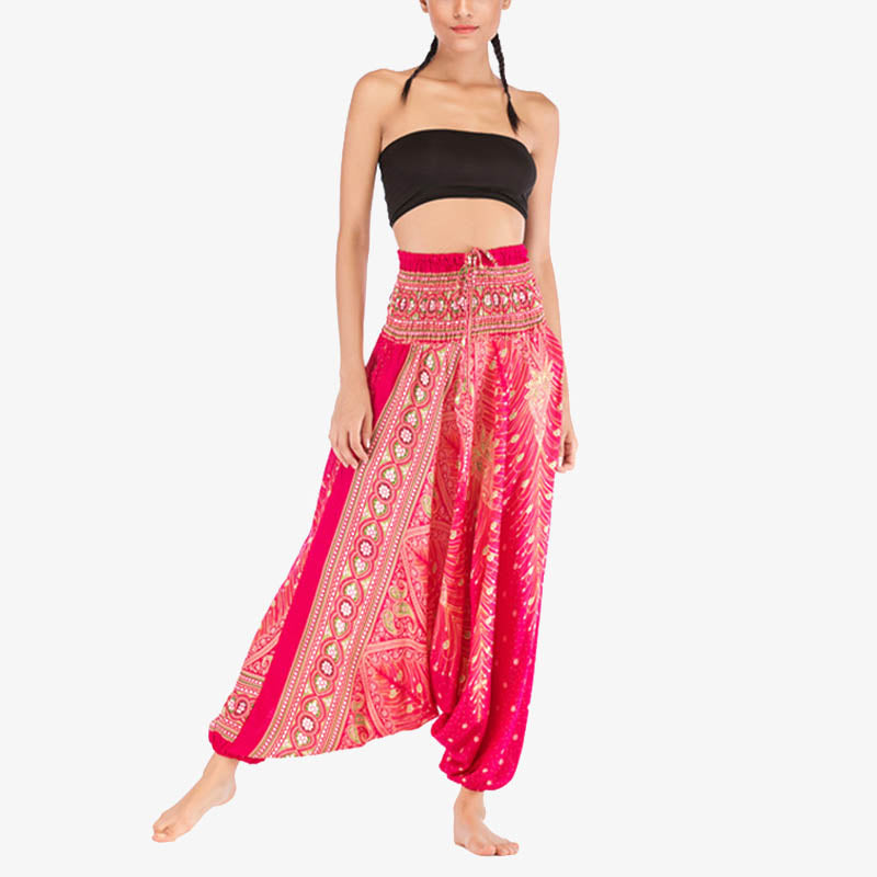 Two Style Wear Feathers Geometric Pattern Loose Smocked Trousers Jumpsuit Women's Yoga Pants