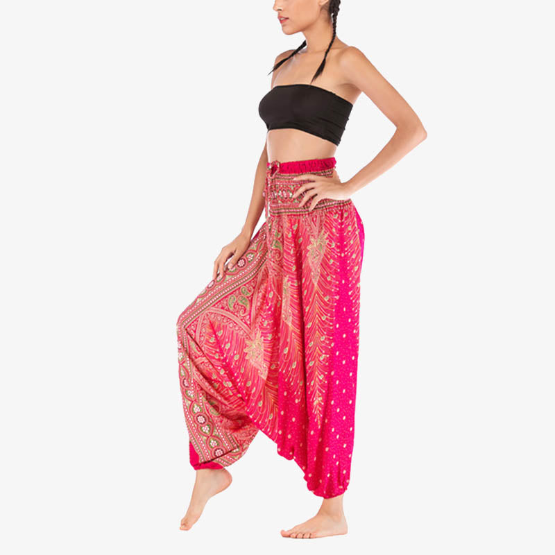 Two Style Wear Feathers Geometric Pattern Loose Smocked Trousers Jumpsuit Women's Yoga Pants
