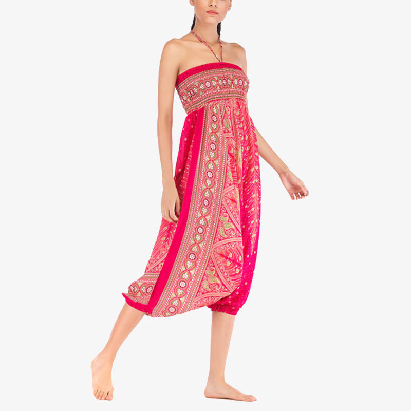 Two Style Wear Feathers Geometric Pattern Loose Smocked Trousers Jumpsuit Women's Yoga Pants