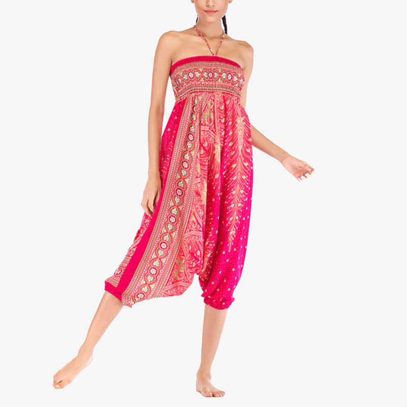 Two Style Wear Feathers Geometric Pattern Loose Smocked Trousers Jumpsuit Women's Yoga Pants