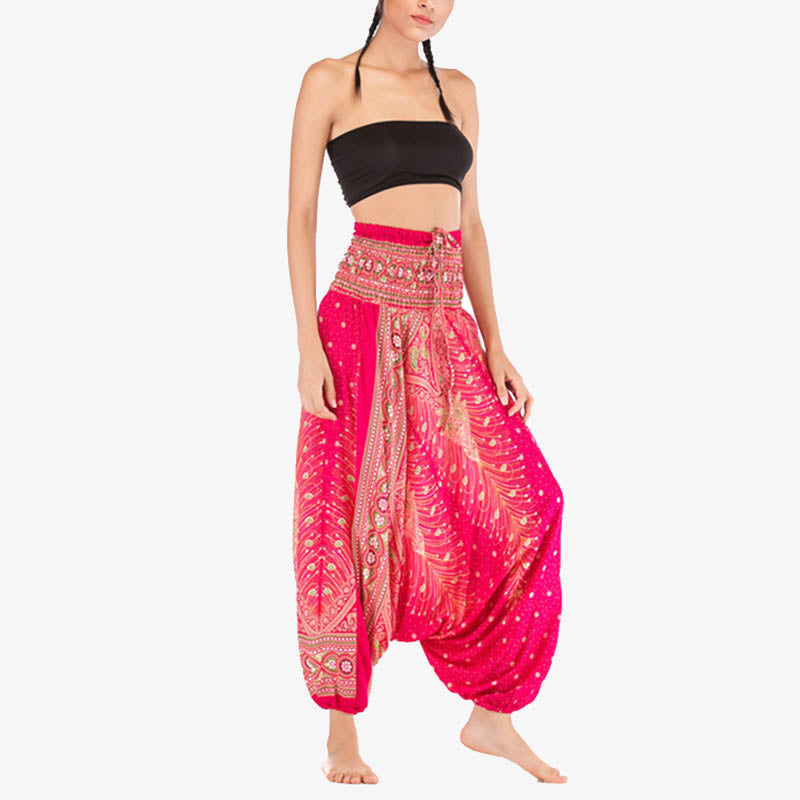 Two Style Wear Feathers Geometric Pattern Loose Smocked Trousers Jumpsuit Women's Yoga Pants