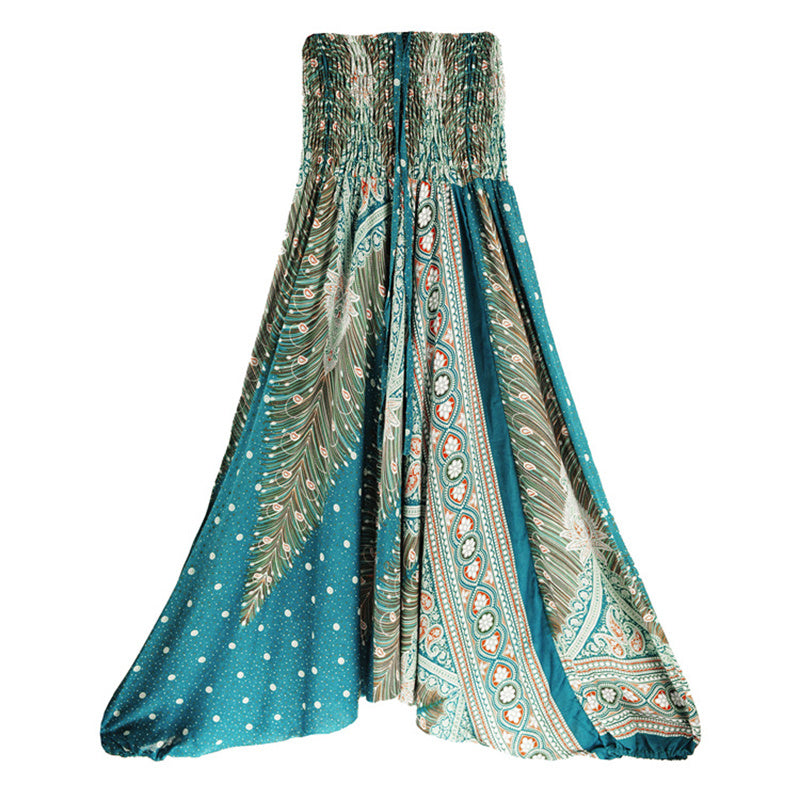 Two Style Wear Feathers Geometric Pattern Loose Smocked Trousers Jumpsuit Women's Yoga Pants