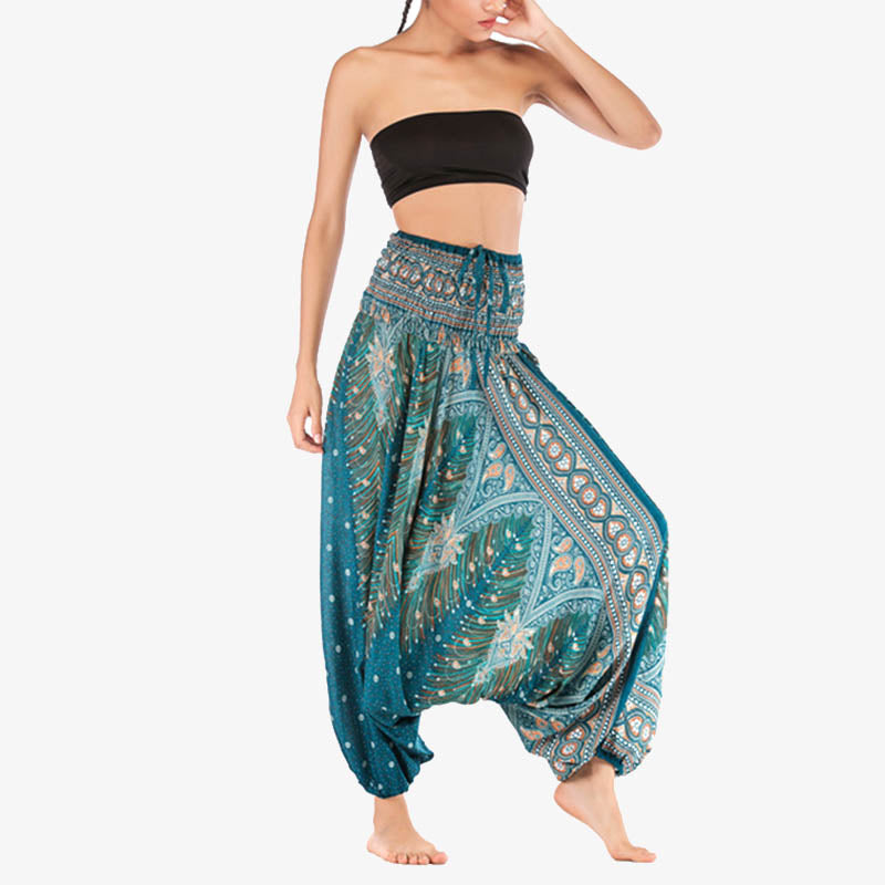 Two Style Wear Feathers Geometric Pattern Loose Smocked Trousers Jumpsuit Women's Yoga Pants