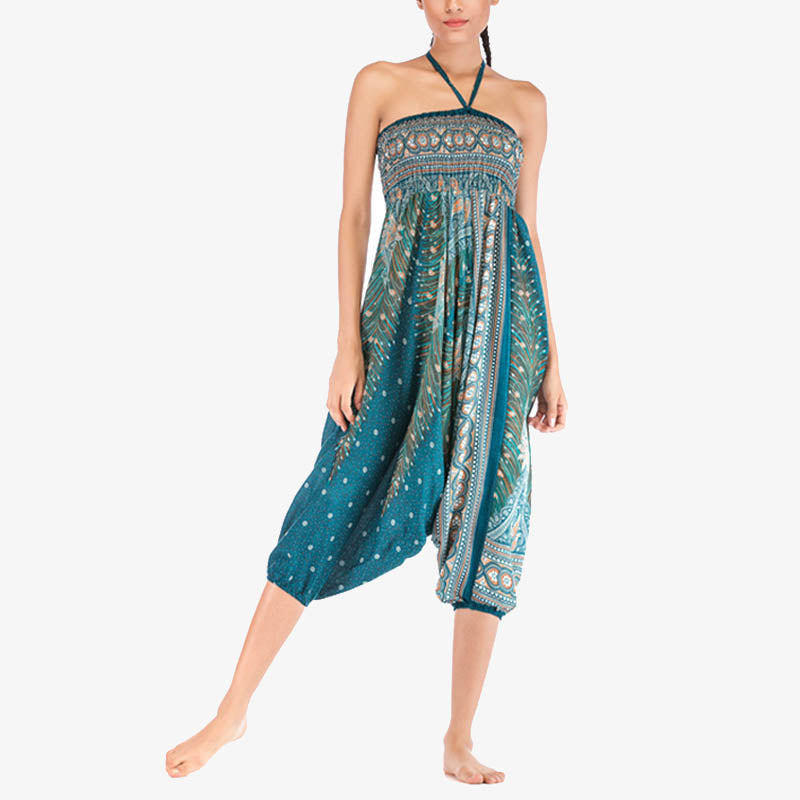 Two Style Wear Feathers Geometric Pattern Loose Smocked Trousers Jumpsuit Women's Yoga Pants