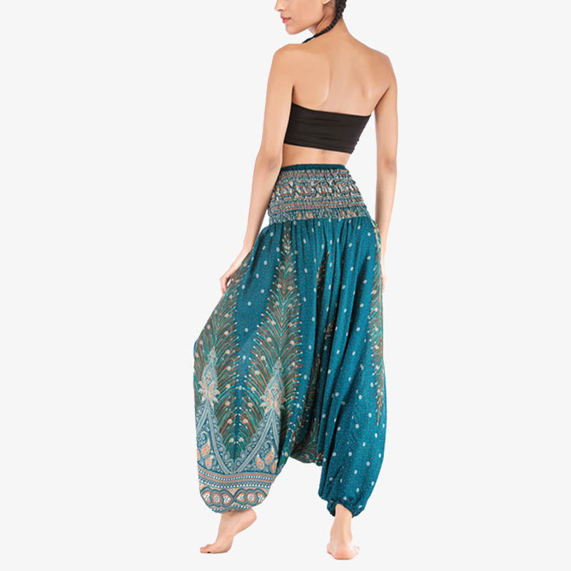 Two Style Wear Feathers Geometric Pattern Loose Smocked Trousers Jumpsuit Women's Yoga Pants