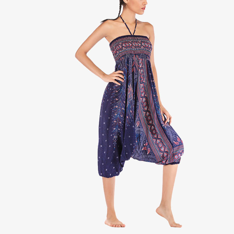 Two Style Wear Feathers Geometric Pattern Loose Smocked Trousers Jumpsuit Women's Yoga Pants