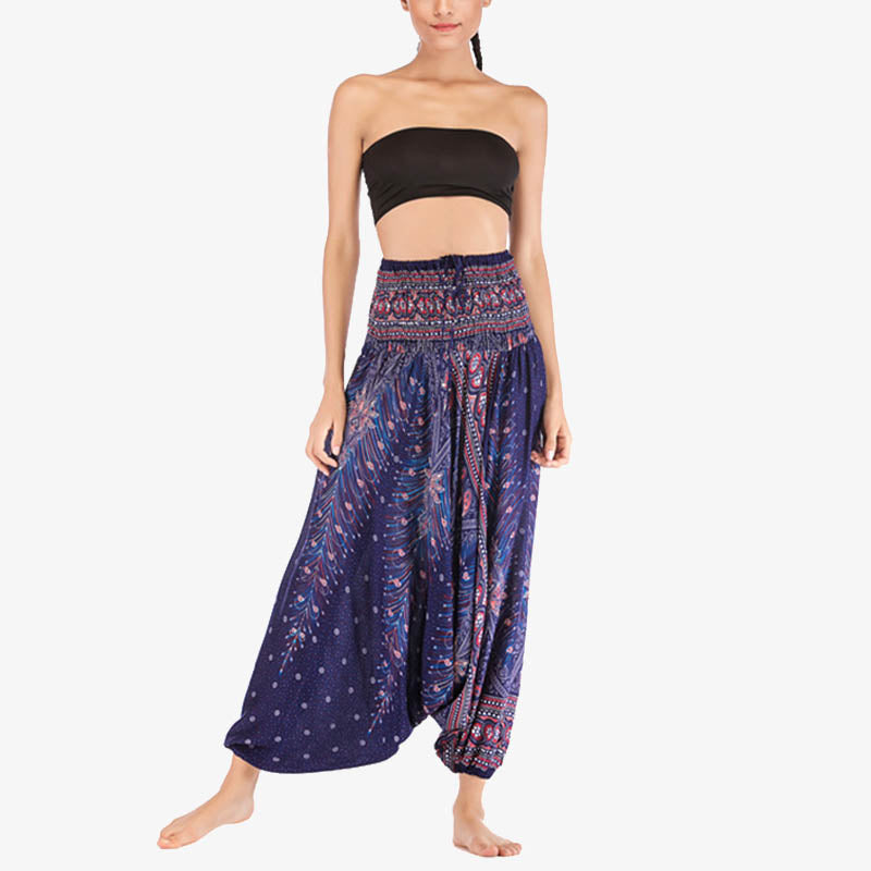 Two Style Wear Feathers Geometric Pattern Loose Smocked Trousers Jumpsuit Women's Yoga Pants