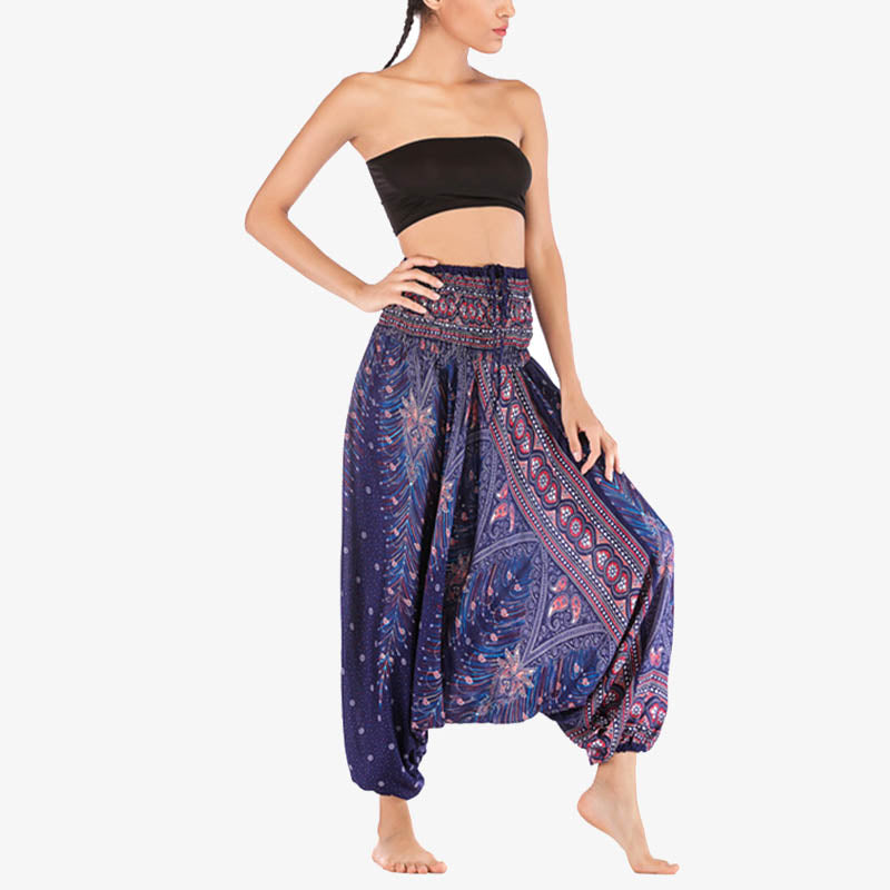 Two Style Wear Feathers Geometric Pattern Loose Smocked Trousers Jumpsuit Women's Yoga Pants