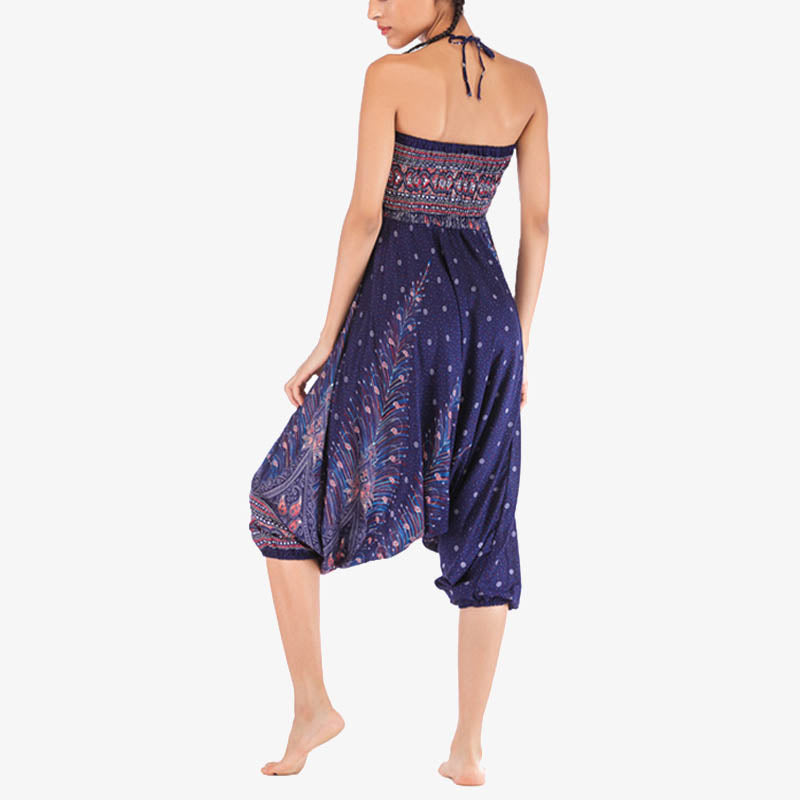 Two Style Wear Feathers Geometric Pattern Loose Smocked Trousers Jumpsuit Women's Yoga Pants